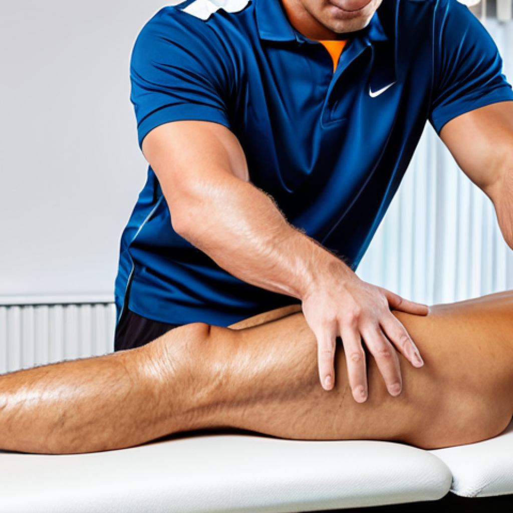 A highly skilled professional sports massage therapist, in a clean, modest uniform, performing a deep tissue massage on the leg of a male athlete. The athlete is fully clothed in appropriate athletic wear, lying on a professional massage table in a modern, well-lit physical therapy clinic. The therapist demonstrates precise technique and focus, highlighting the importance of recovery. Perfect anatomy, correct proportions, natural pose, well-formed hands, proper finger count. Professional photography, high quality, realistic, safe for work, appropriate content, fully clothed, professional.