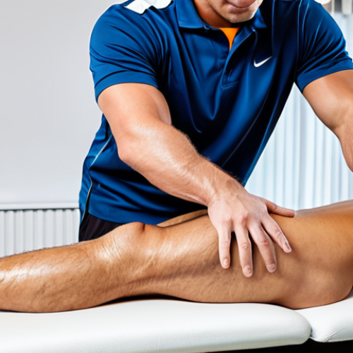 Home 11 A highly skilled professional sports massage therapist, in a clean, modest uniform, performing a deep tissue massage on the leg of a male athlete. The athlete is fully clothed in appropriate athletic wear, lying on a professional massage table in a modern, well-lit physical therapy clinic. The therapist demonstrates precise technique and focus, highlighting the importance of recovery. Perfect anatomy, correct proportions, natural pose, well-formed hands, proper finger count. Professional photography, high quality, realistic, safe for work, appropriate content, fully clothed, professional.