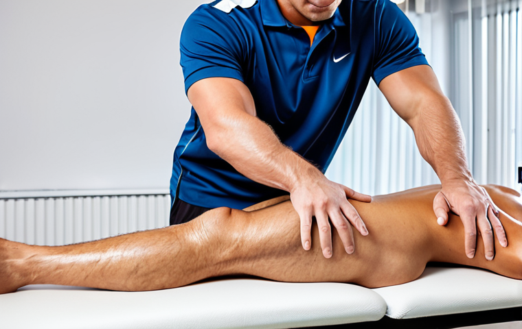 A highly skilled professional sports massage therapist, in a clean, modest uniform, performing a deep tissue massage on the leg of a male athlete. The athlete is fully clothed in appropriate athletic wear, lying on a professional massage table in a modern, well-lit physical therapy clinic. The therapist demonstrates precise technique and focus, highlighting the importance of recovery. Perfect anatomy, correct proportions, natural pose, well-formed hands, proper finger count. Professional photography, high quality, realistic, safe for work, appropriate content, fully clothed, professional.