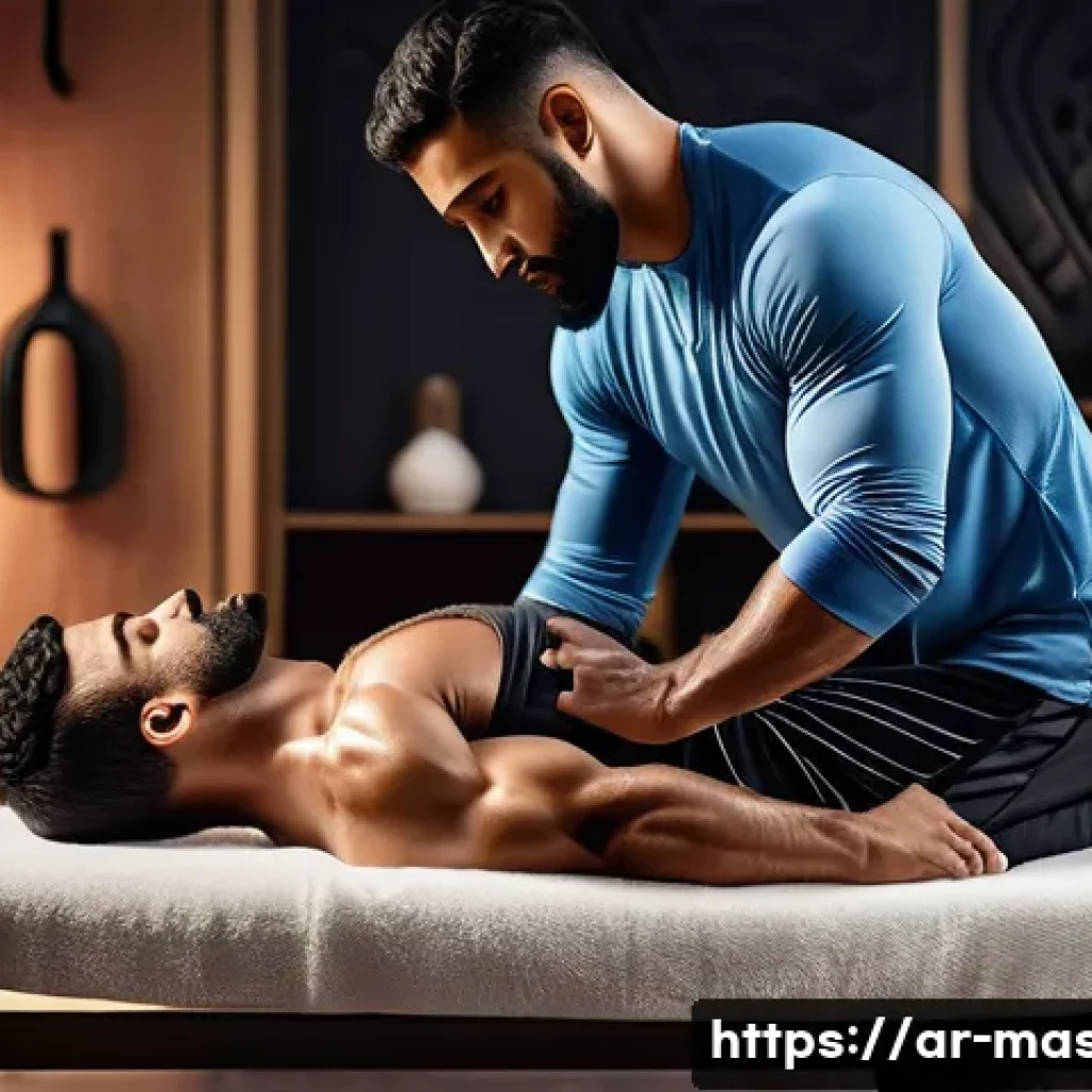 스포츠마사지사 수기 요법의 과학적 접근 - A professional Arabic male athlete in modern sportswear receiving a deep tissue sports massage in a ...