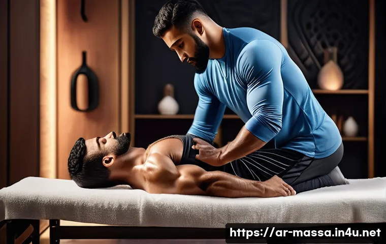 스포츠마사지사 수기 요법의 과학적 접근 - A professional Arabic male athlete in modern sportswear receiving a deep tissue sports massage in a ...