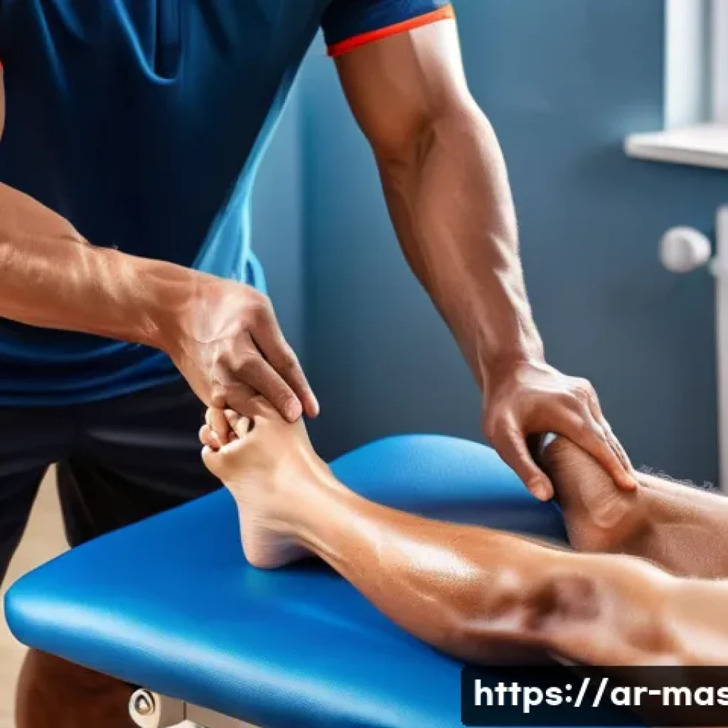 스포츠마사지사 취업 인터뷰 팁 - A professional Arabic male massage therapist in a modern sports clinic, wearing clean, fitted athlet...