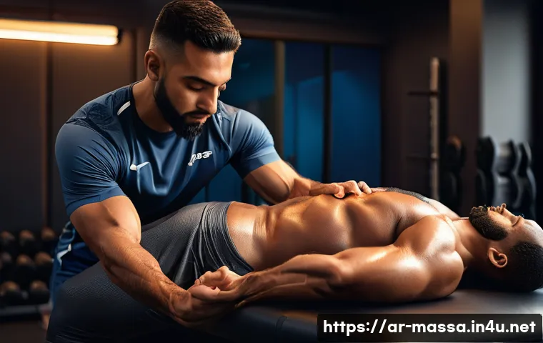 스포츠마사지사 최신 자격증 트렌드 - A professional sports massage therapist performing deep tissue massage on an Arab male athlete in a ...