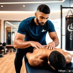 스포츠마사지사 블로그 운영법 - A professional Arab male sports therapist demonstrating advanced sports massage techniques on a youn...