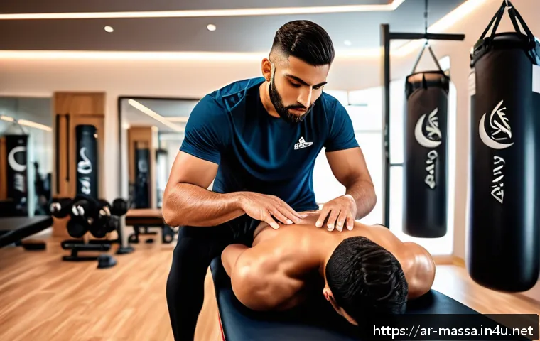 스포츠마사지사 블로그 운영법 - A professional Arab male sports therapist demonstrating advanced sports massage techniques on a youn...