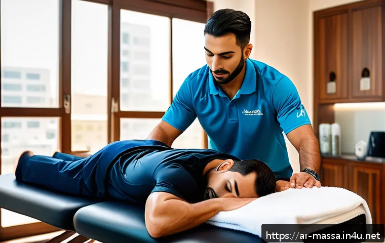 스포츠마사지사 이직 성공 사례 - A professional male sports massage therapist wearing a clean, modern uniform with a visible logo in ...