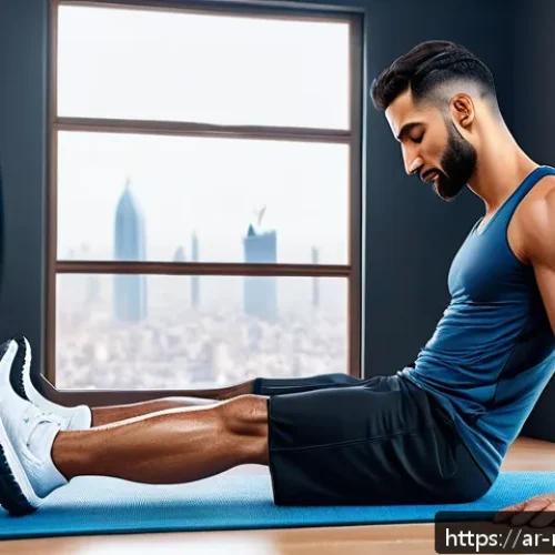 스포츠마사지사 필수 도구 세트 - A modern home gym setting featuring a fit Middle Eastern man using a lightweight portable vibrating ...