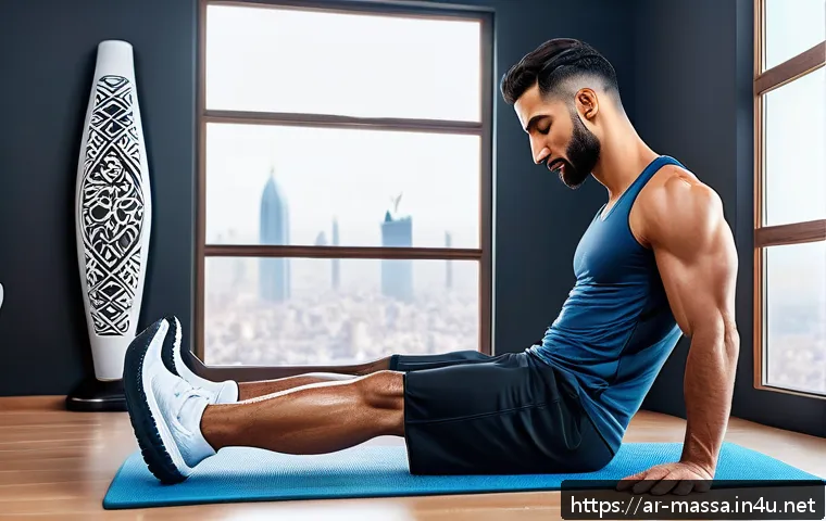 스포츠마사지사 필수 도구 세트 - A modern home gym setting featuring a fit Middle Eastern man using a lightweight portable vibrating ...