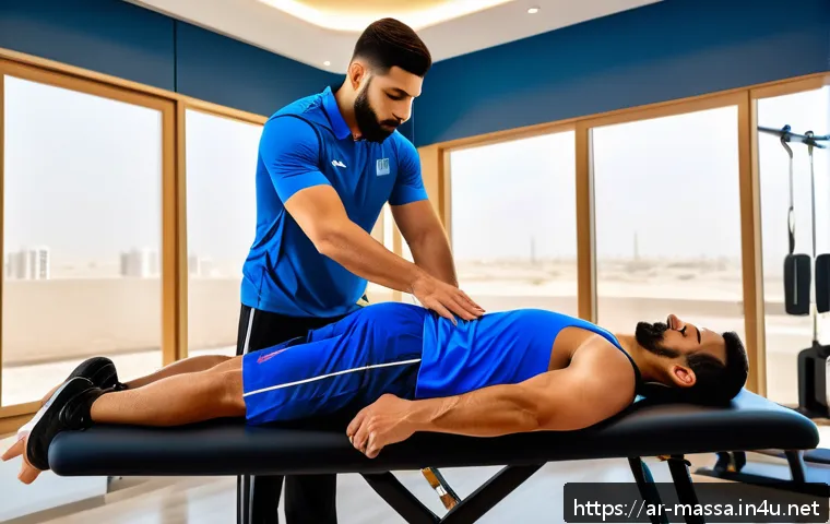 스포츠마사지사 취업 후기 - A professional sports massage therapist providing a deep tissue massage to a male professional athle...