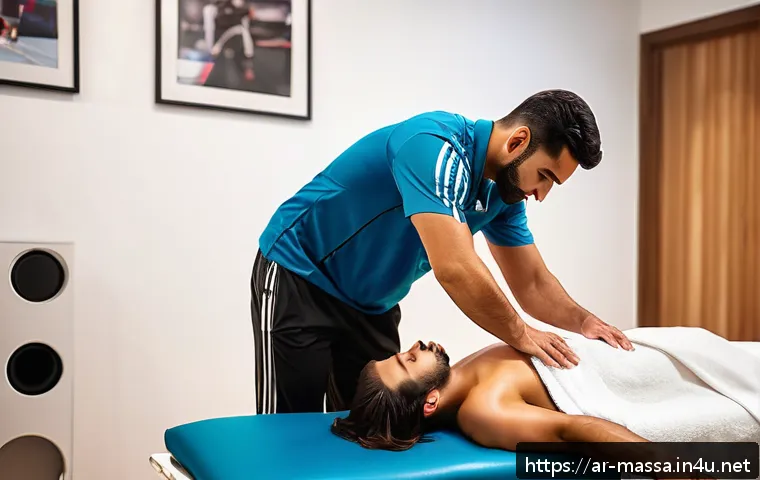 스포츠마사지사의 고객 건강 관리 - A professional Arab male athlete receiving a deep tissue sports massage in a modern clinic setting, ...