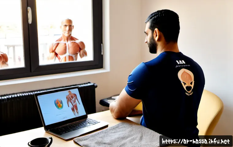스포츠마사지사 온라인 강의 추천 - Photorealistic home study scene for an aspiring sports massage therapist, Arab man in modest athleti...