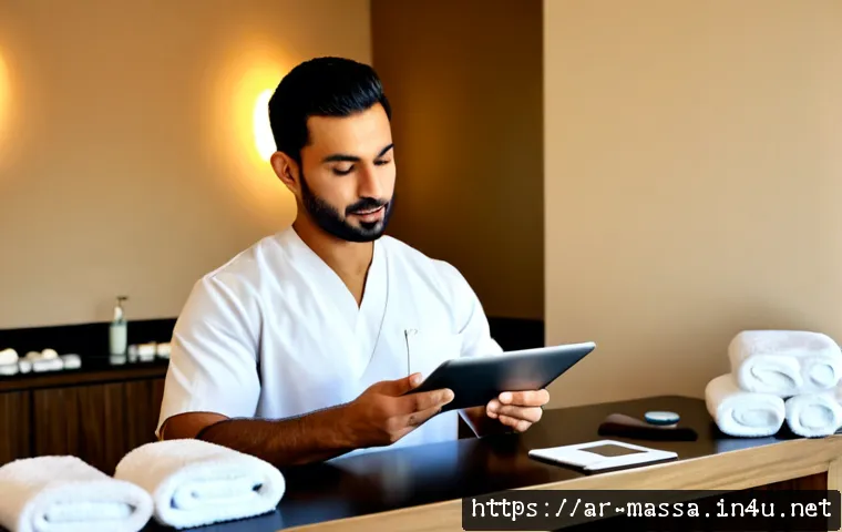 스포츠마사지사 고객 후기 활용법 - Photorealistic sports massage therapist in a clean, modern wellness studio in Dubai, modestly dresse...