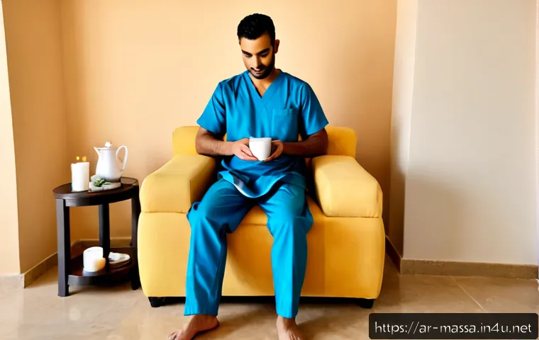 스포츠마사지사 업무 스트레스 해소법 - Photorealistic wellness scene of an Arab male sports massage therapist in modest professional scrubs...